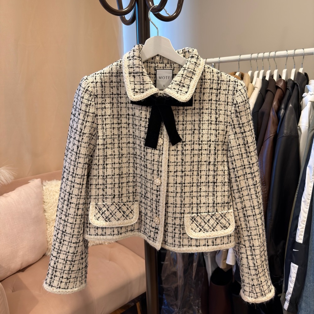 MOTF Women's Classic Tweed Blazer with Bow Accent